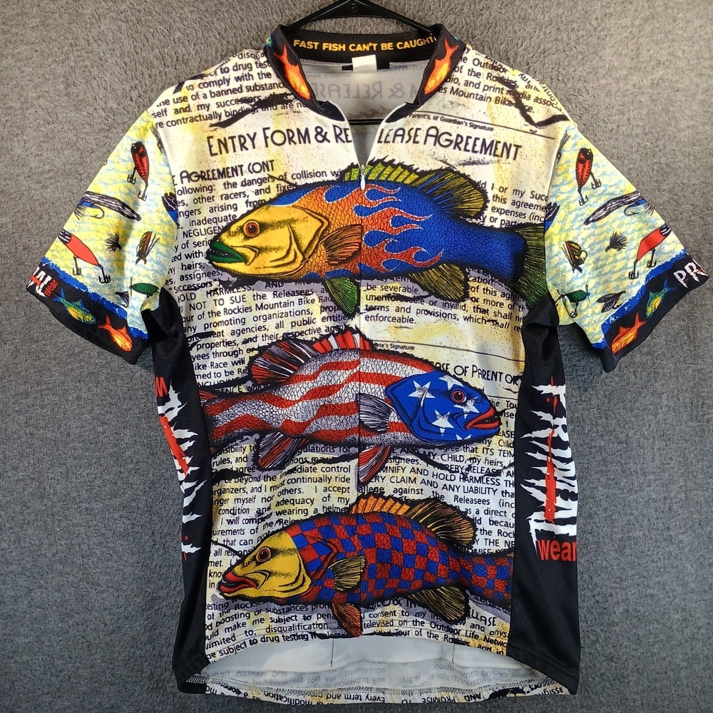 Vintage Primal Wear Great De Bait Cycling Shirt Mens L Fish Bike Made in USA